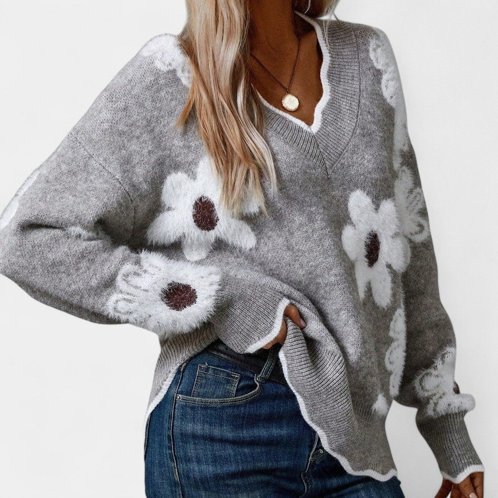 Thea Elegant Floral Sweater with V-Neck